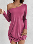 FJØRNA white long sleeve solid dress, loose fit T-shirt style, casual dress with round neckline and relaxed silhouette.