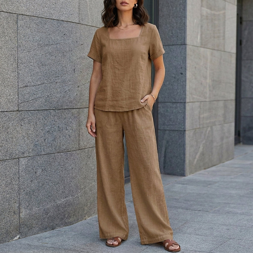 FJØRNA Coastal Breeze relaxed camel top and wide-leg pant set, casual 2-piece outfit, shown on a model.