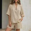 FJØRNA relaxed camel V-neck blouse and tailored short set, stylish 2-piece outfit with soft fabric and modern fit.