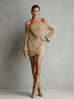 Camel Knit Off-Shoulder Mini Dress | Evening Dress