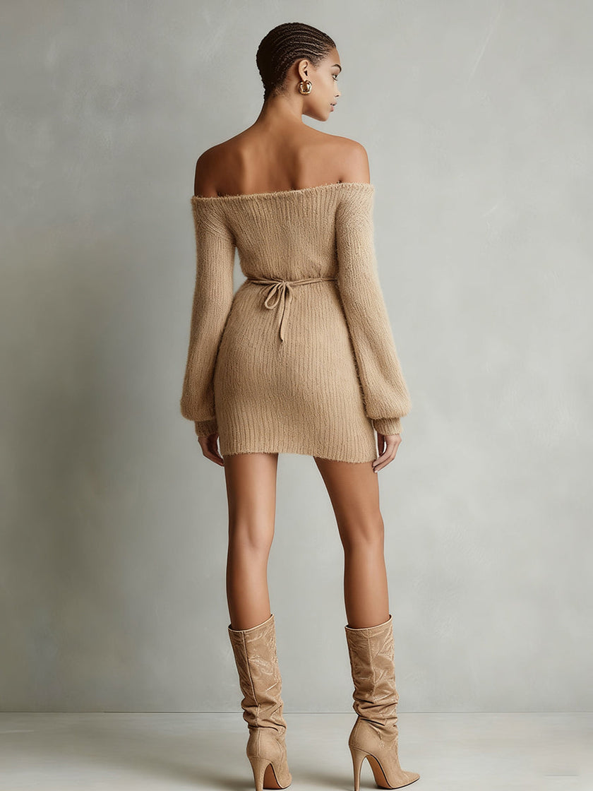Camel Knit Off-Shoulder Mini Dress | Evening Dress
