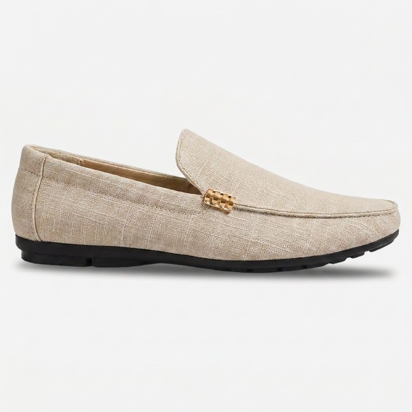 Beige men's canvas slip-on loafers by FJØRNA, casual men's loafers with a comfortable slip-on design.
