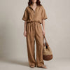 FJØRNA caramel zip-neck top and wide-leg trouser set, stylish 2-piece outfit, featuring a zip-up top and flowing trousers.