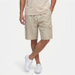 Men's beige linen cargo shorts with drawstring waist, casual fit, worn by a model in a relaxed pose.