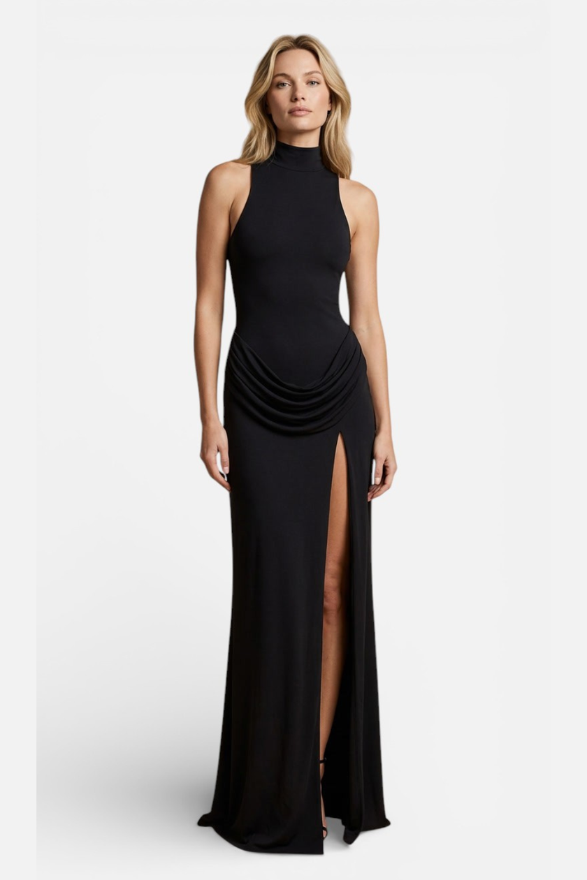 FJØRNA sleeveless turtleneck maxi dress for women with thigh split, elegant design, floor-length, perfect for stylish occasions.