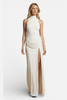 Elegant sleeveless turtleneck maxi dress with thigh split for women, by FJØRNA, shown in a stylish black design.
