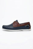 FJØRNA men's boat shoes with navy PU upper, nautical style, smart casual design, featuring white laces and rubber sole.