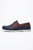 FJØRNA men's boat shoes with navy PU upper, nautical style, smart casual design, featuring white laces and rubber sole.