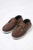 FJØRNA men's boat shoes with PU upper, nautical design, smart casual style, featuring tan leather and classic lace details.
