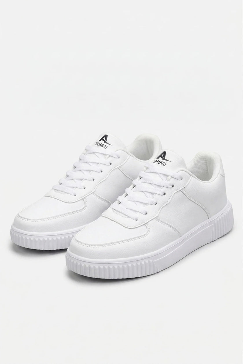 White men's walking shoes by FJØRNA, lightweight breathable sneakers with flexible cushioned soles and casual design.