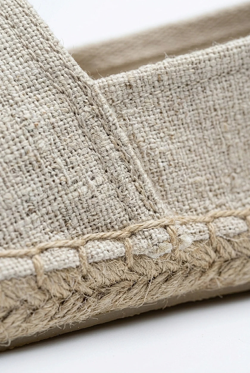 Men's linen espadrille shoes by FJØRNA, slip-on lightweight summer shoes with a casual, breathable design and neutral color.