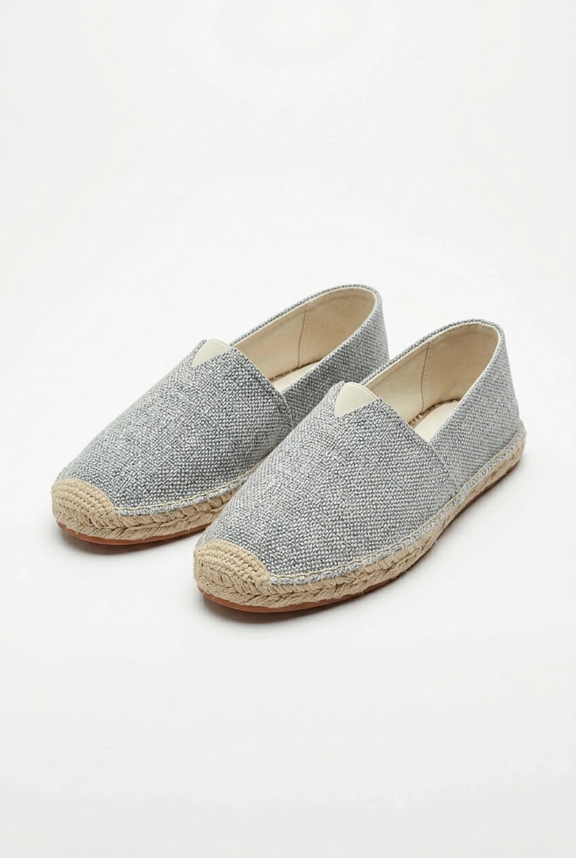 FJØRNA men's linen espadrille shoes, slip-on lightweight summer footwear, beige fabric with rubber sole, casual style.