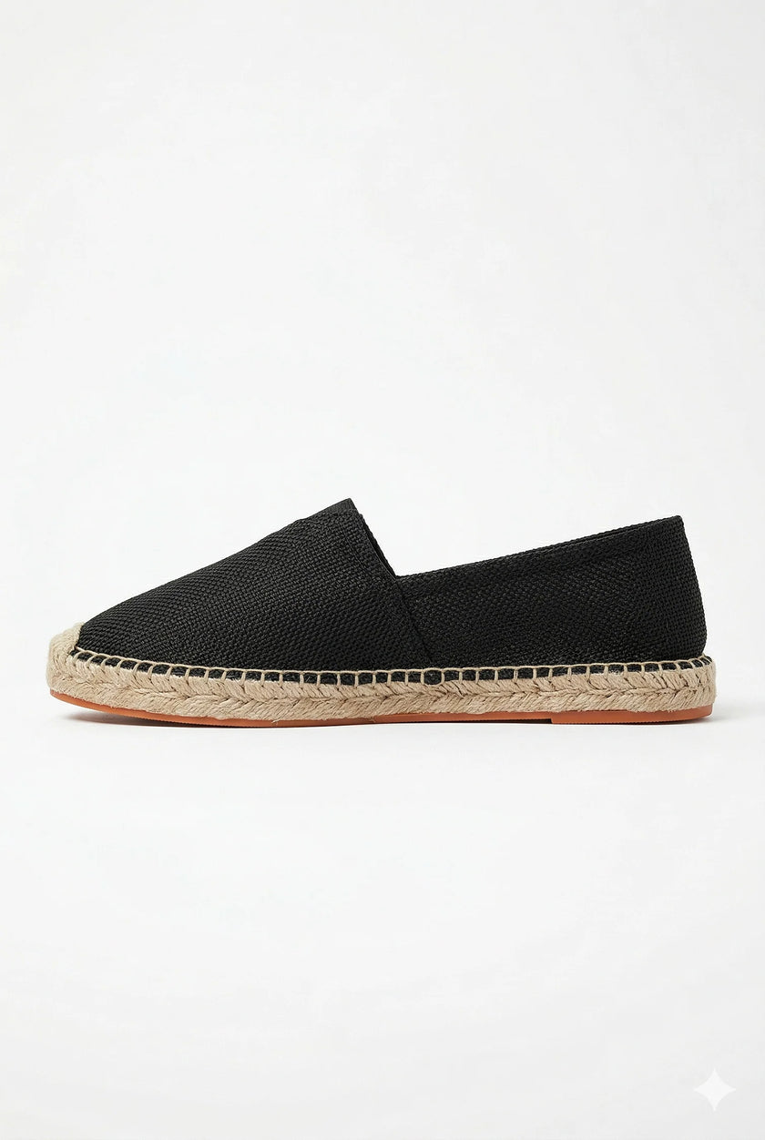 Men's linen espadrille shoes by FJØRNA, slip-on lightweight summer footwear with natural woven fabric and rubber sole.