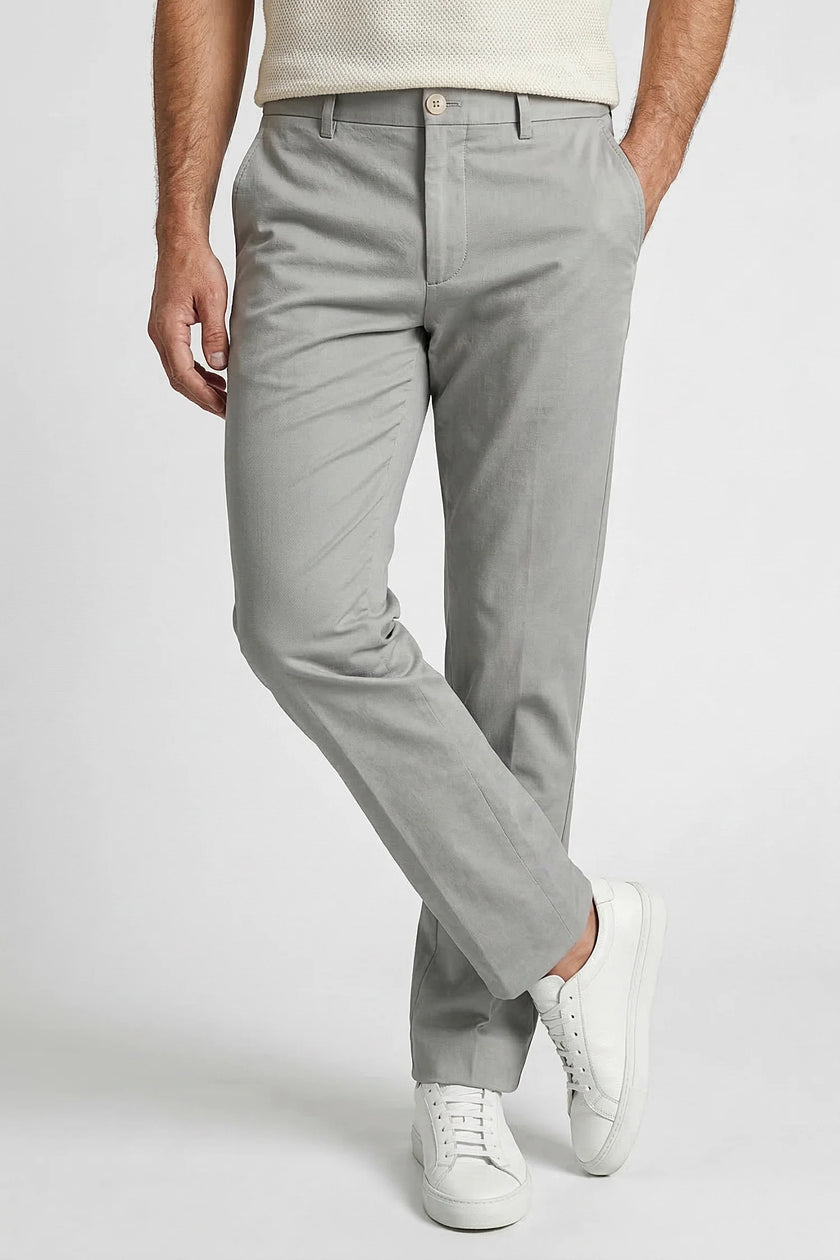 Men's straight chino trousers by FJØRNA, structured business pants with a smart tailored fit, shown in a clean, professional style.