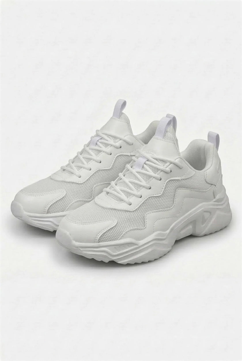 White mesh trainers for women by FJØRNA, breathable lightweight casual shoes with a modern design.