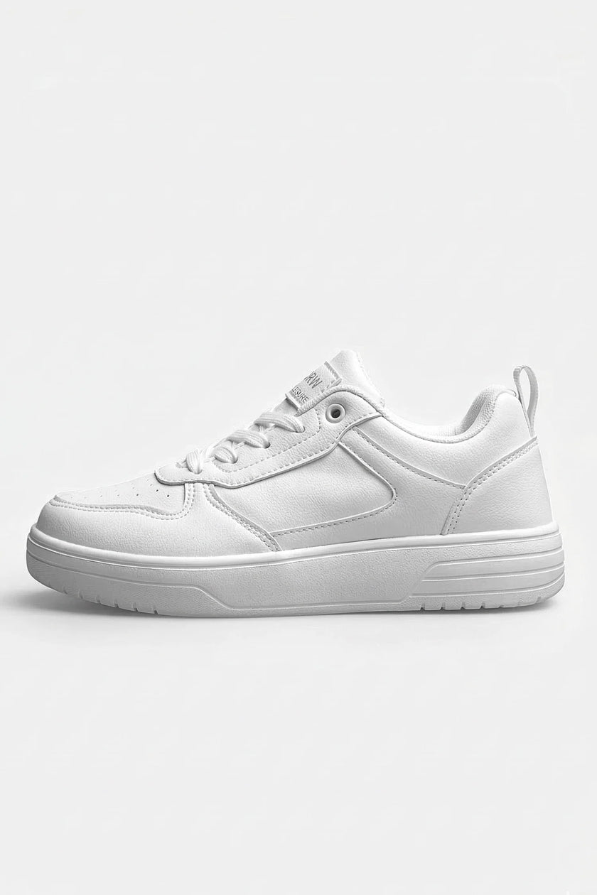 White minimalist FJØRNA women’s casual trainers with clean design, lightweight shoes perfect for everyday wear.