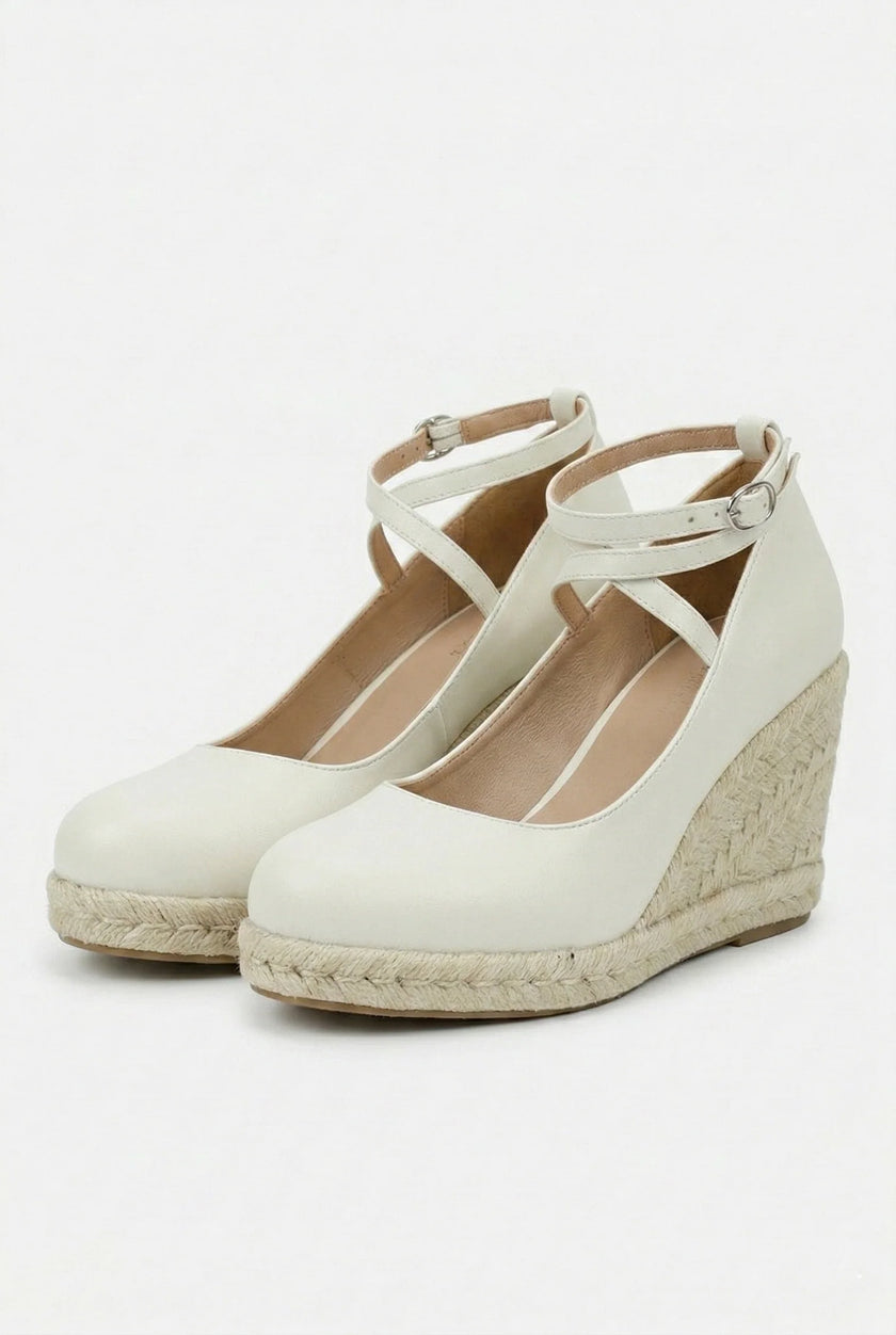 FJØRNA women's ankle-strap wedge sandals with espadrille platform, stylish and elegant for casual or dressy occasions.