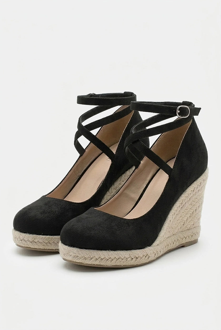 FJØRNA women’s ankle-strap wedge espadrille platform sandals, elegant shoes with ankle straps and woven espadrille sole.