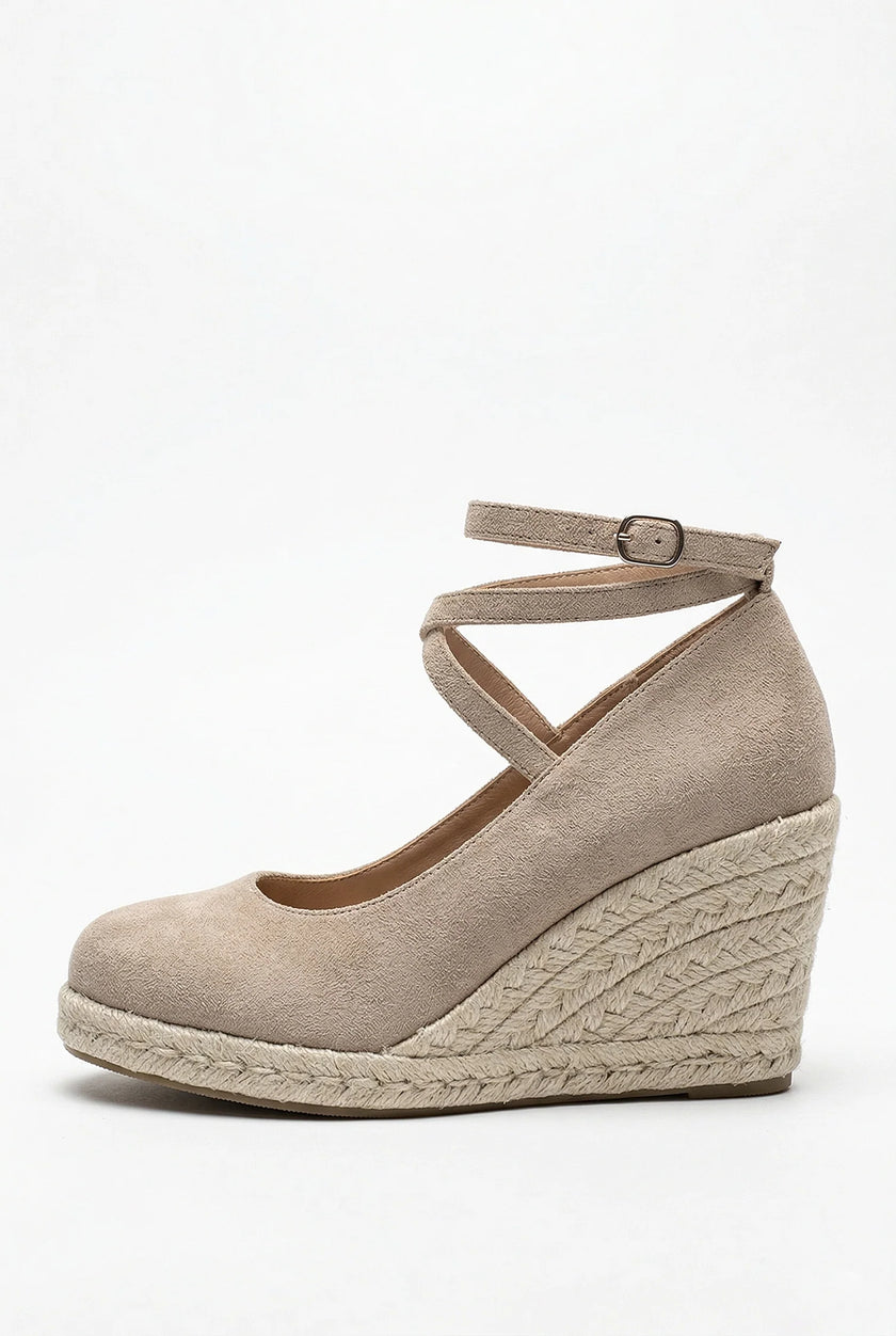 Elegant women's ankle-strap wedge espadrille platform sandals by FJØRNA with stylish design and comfortable heel.