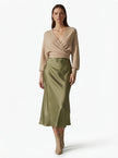 Elegant high-waist satin midi skirt for women by FJØRNA, featuring a flowing, sophisticated design perfect for stylish occasions.