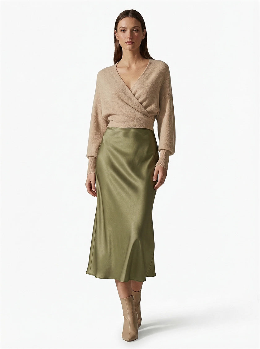 Elegant high-waist satin midi skirt for women by FJØRNA, featuring a flowing, sophisticated design perfect for stylish occasions.