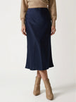 Elegant women's high-waist midi skirt in satin fabric by FJØRNA, flowing and stylish for a sophisticated look