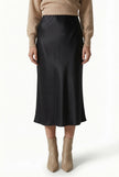 Elegant high-waist midi satin skirt for women, flowing and stylish, by FJØRNA, shown in a natural flowing design.