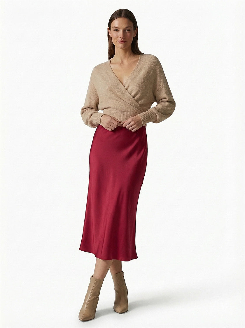 FJØRNA high-waist midi satin skirt for women, elegant flowing design, stylish and versatile for dressy occasions.