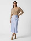 Elegant women's high-waist midi satin skirt by FJØRNA, flowing and stylish for sophisticated looks.