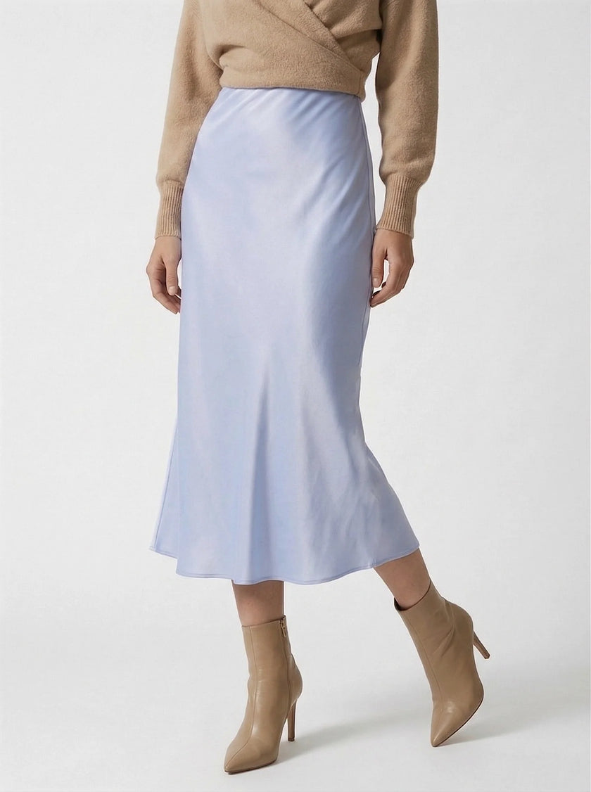 Elegant women's high-waist midi skirt in silky satin fabric, flowing and stylish, by FJØRNA.