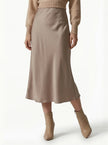 Elegant high-waist midi satin skirt for women by FJØRNA, flowing design with a sophisticated, stylish look.