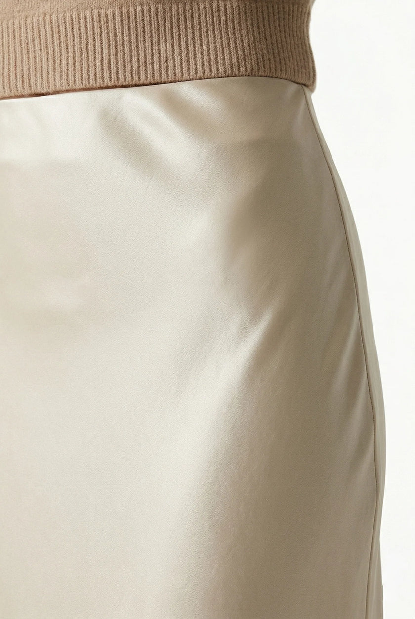 Elegant high-waist satin midi skirt for women by FJØRNA, flowing and stylish, perfect for sophisticated outfits.