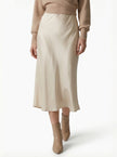 Elegant women's satin high-waist midi skirt with flowing design, showcasing a stylish and sophisticated look.