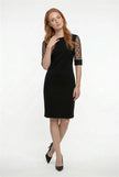 Black midi dress for women by FJØRNA featuring lace sleeves, A-line silhouette, and contrast details in a stylish dress.