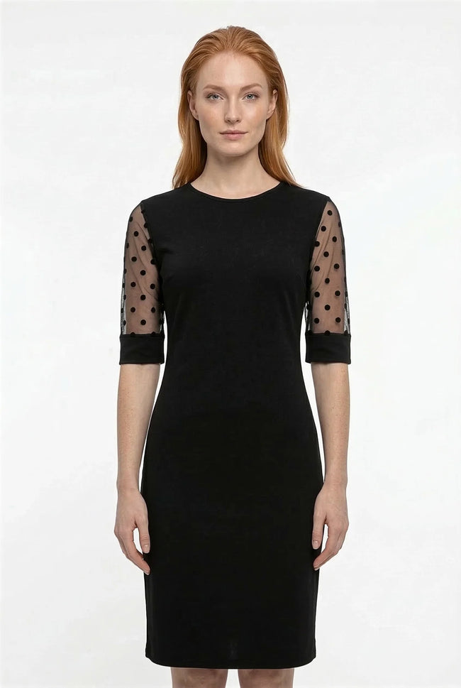 FJØRNA black A-line lace sleeve midi dress with contrast details, stylish and elegant for formal occasions.
