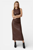 FJØRNA sleeveless leather maxi dress for women, slim fit, high waist, elegant long dress with a modern design.