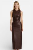 Elegant sleeveless leather maxi dress by FJØRNA, slim fit, high waist, perfect for stylish women.
