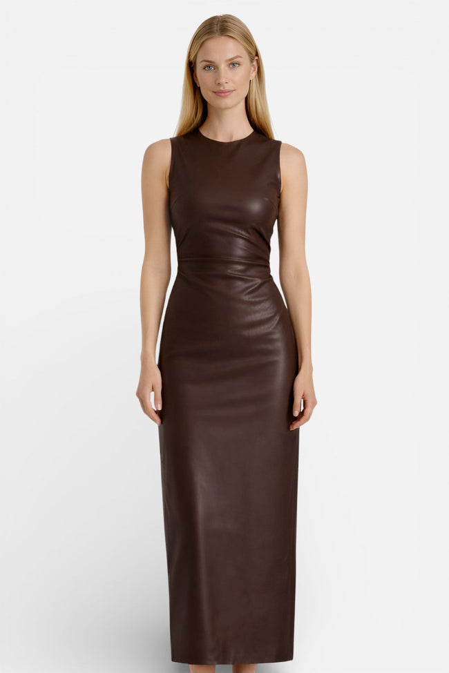 Elegant sleeveless leather maxi dress by FJØRNA, slim fit, high waist, perfect for stylish women.