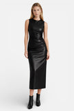 FJØRNA women's sleeveless leather maxi dress with slim fit, high waist, and elegant style, shown on a model.