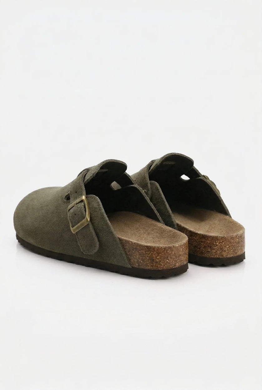 FJØRNA women's slip-on suede clogs in beige, designed for spring, featuring a comfortable casual shoe style.