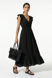 Black FJØRNA flowing sleeveless midi dress for women, elegant and perfect for everyday wear, shown full body in the image.