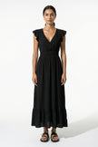 Black FJØRNA women's midi dress with flowing sleeveless design, perfect for elegant everyday wear.