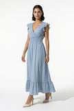 Flowing sky blue midi dress for women by FJØRNA, sleeveless and elegant, perfect for everyday wear.
