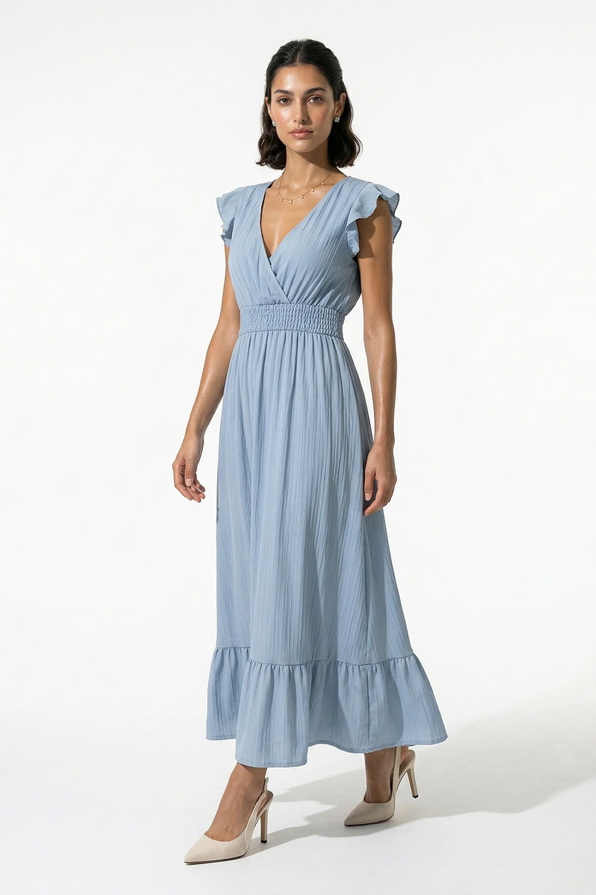 Flowing sky blue midi dress for women by FJØRNA, sleeveless and elegant, perfect for everyday wear.