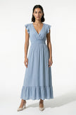 Flowing sky blue midi dress for women by FJØRNA, sleeveless and elegant, perfect for everyday wear.