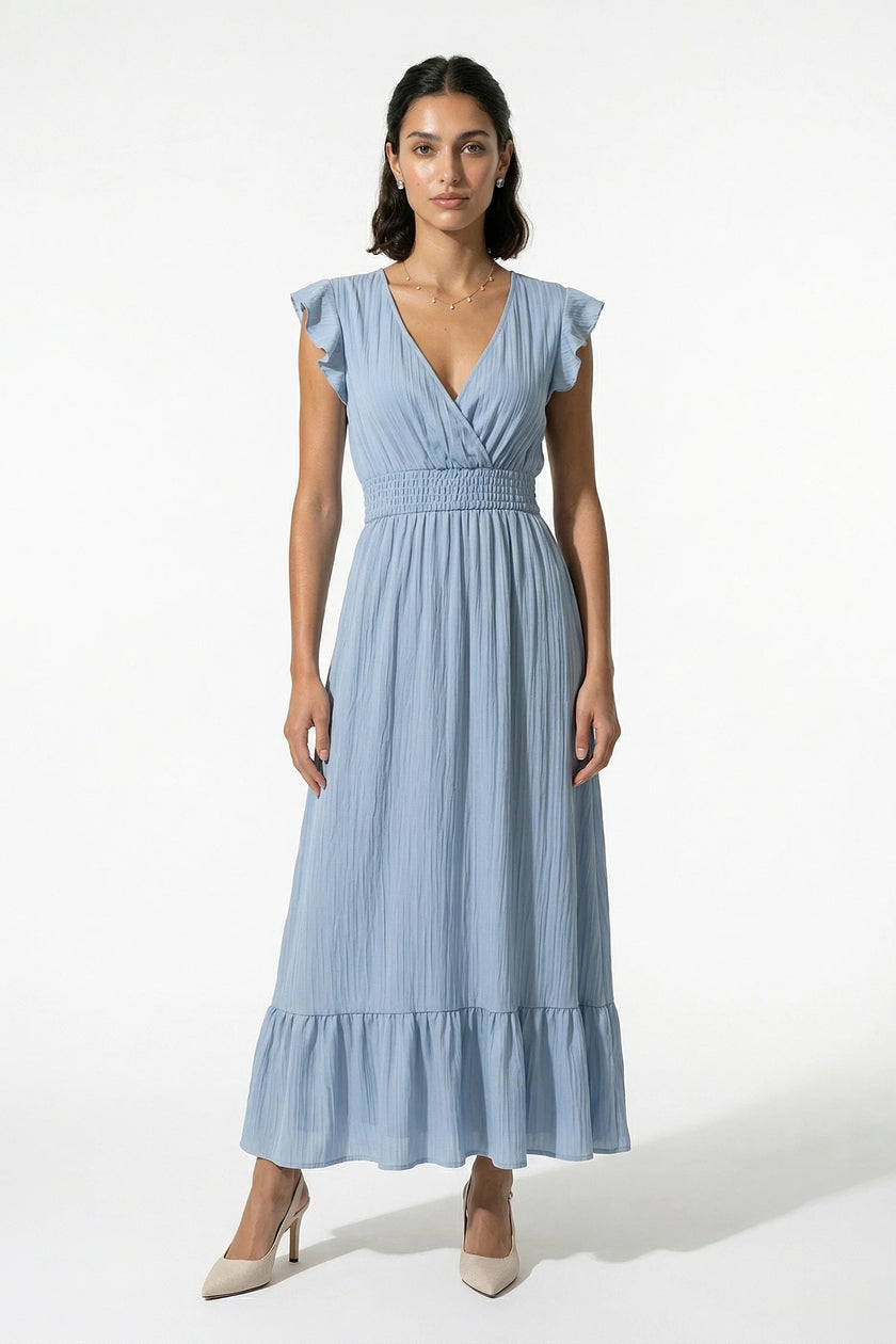 Flowing sky blue midi dress for women by FJØRNA, sleeveless and elegant, perfect for everyday wear.