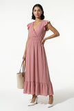 Flowing pink midi dress for women by FJØRNA, sleeveless and elegant, perfect for everyday wear.
