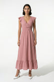 Flowing sleeveless pink midi dress for women by FJØRNA, showcasing an elegant, everyday style with soft, lightweight fabric.