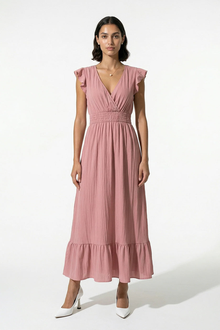 Flowing sleeveless pink midi dress for women by FJØRNA, showcasing an elegant, everyday style with soft, lightweight fabric.