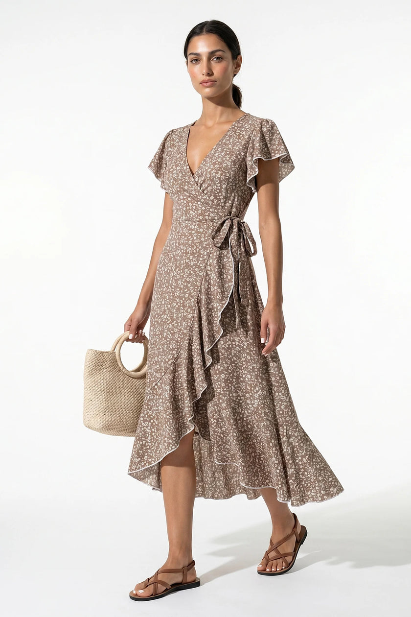 Women’s floral midi dress by FJØRNA, camel-colored A-line summer dress with a flowing silhouette and elegant floral pattern.